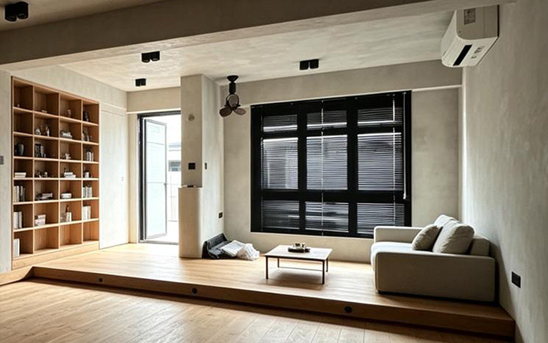 A set of functional horizontal blinds with adjustable slats