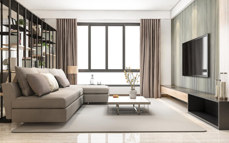 Modern living room featuring floor-to-ceiling neutral curtains.