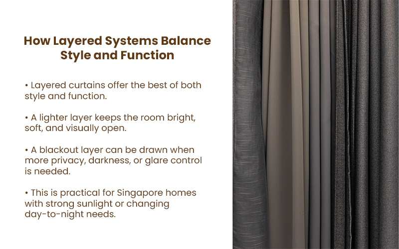 Layered curtains in gray and beige tones.