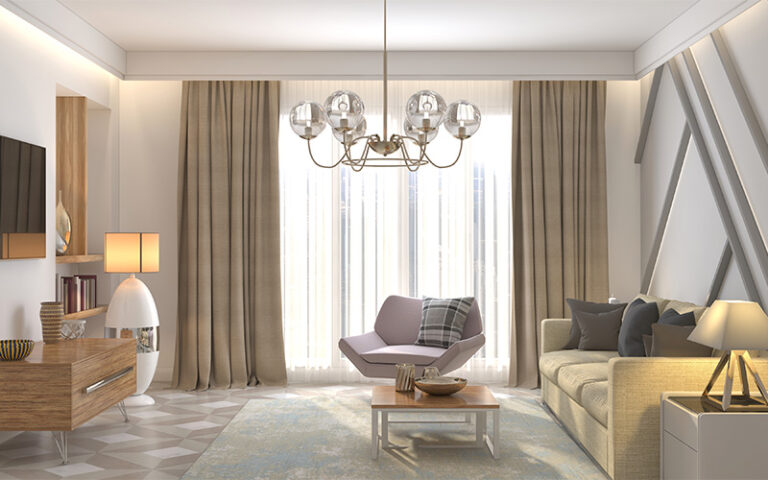 Modern living room with beige sofa and chandelier.