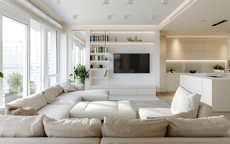 Minimalist living room featuring smart home window treatment integration.