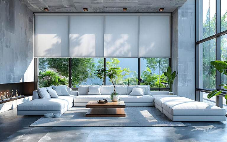 Modern living room with motorised roller blinds for smart integration.
